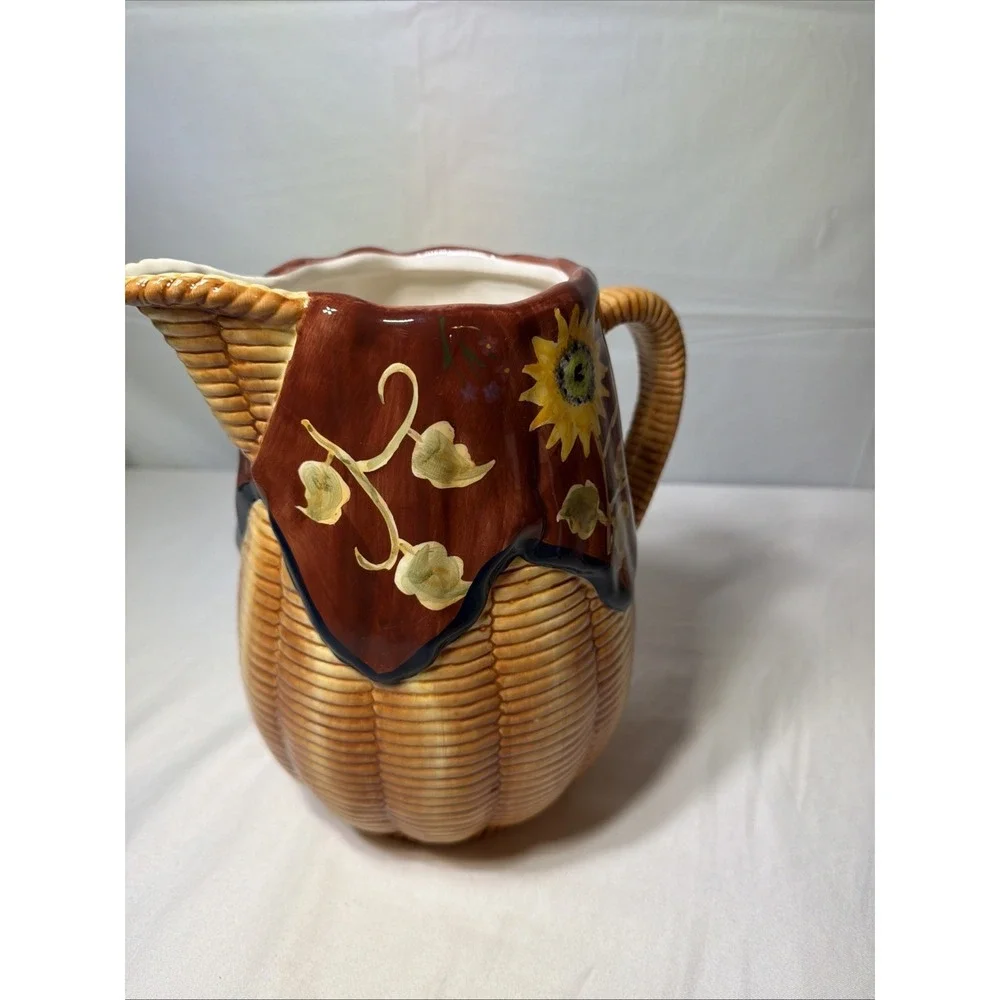 WCL Hand Painted Ceramic Pitcher Basket Weave with Sunflowers 9
